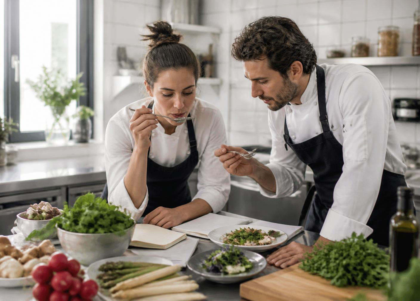 Deux chefs dégustant et mettant au point une recette en cuisine de test