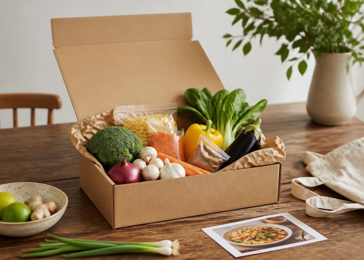 Pack de produits frais et fiche recette posés sur une table en bois