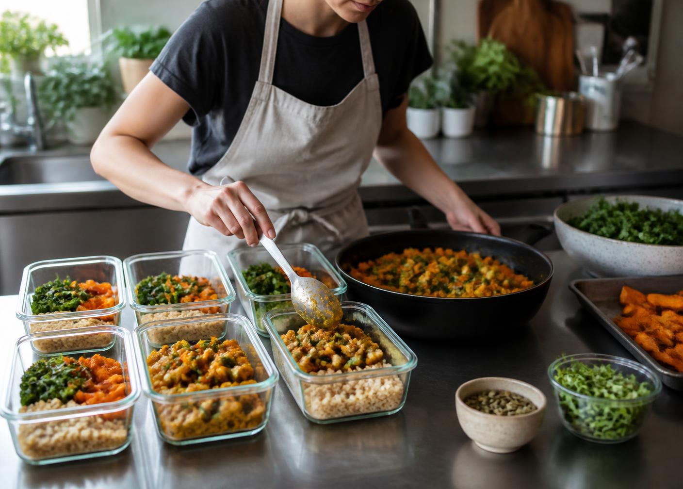 Cuisinière remplissant plusieurs contenants de plats préparés frais