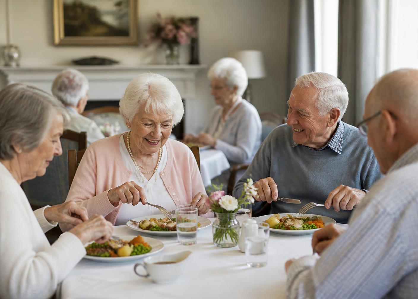 Résidents seniors partageant un repas frais dans une salle à manger