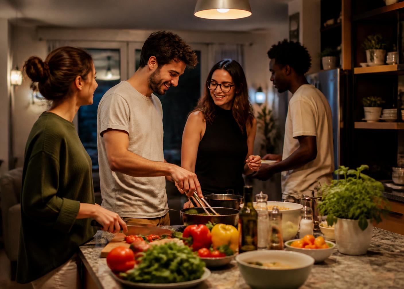 Colocataires cuisinant ensemble dans une cuisine partagée