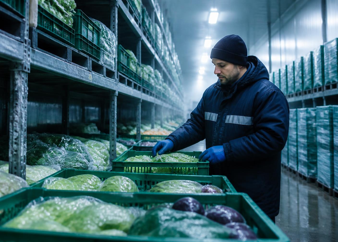 Opérateur contrôlant des cagettes de légumes en chambre froide