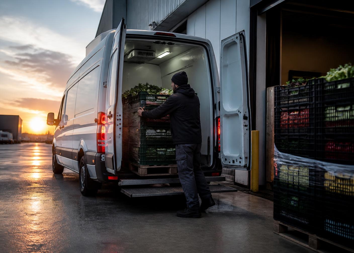 Chargement de cagettes de produits frais dans un camion réfrigéré à l'aube