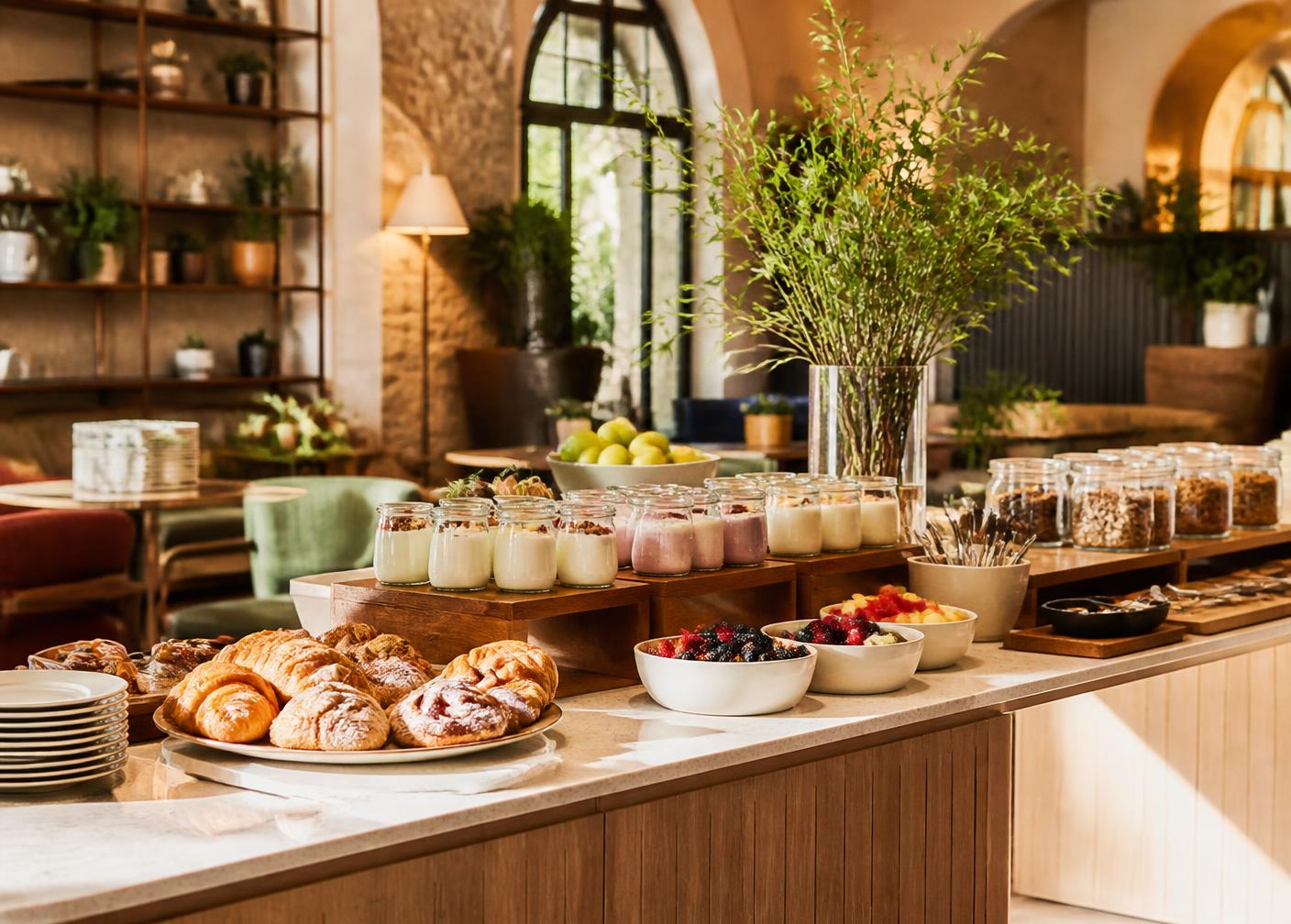 Buffet de petit-déjeuner frais dans le lobby d'un hôtel