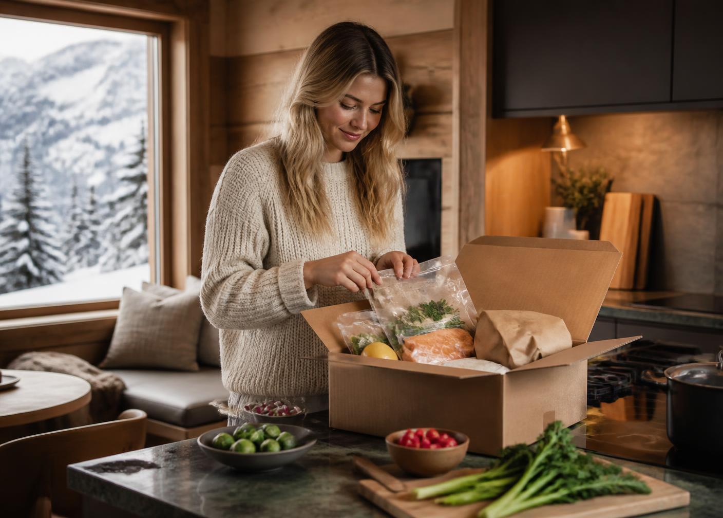 Cliente déballant un panier de produits frais dans un appartement de montagne