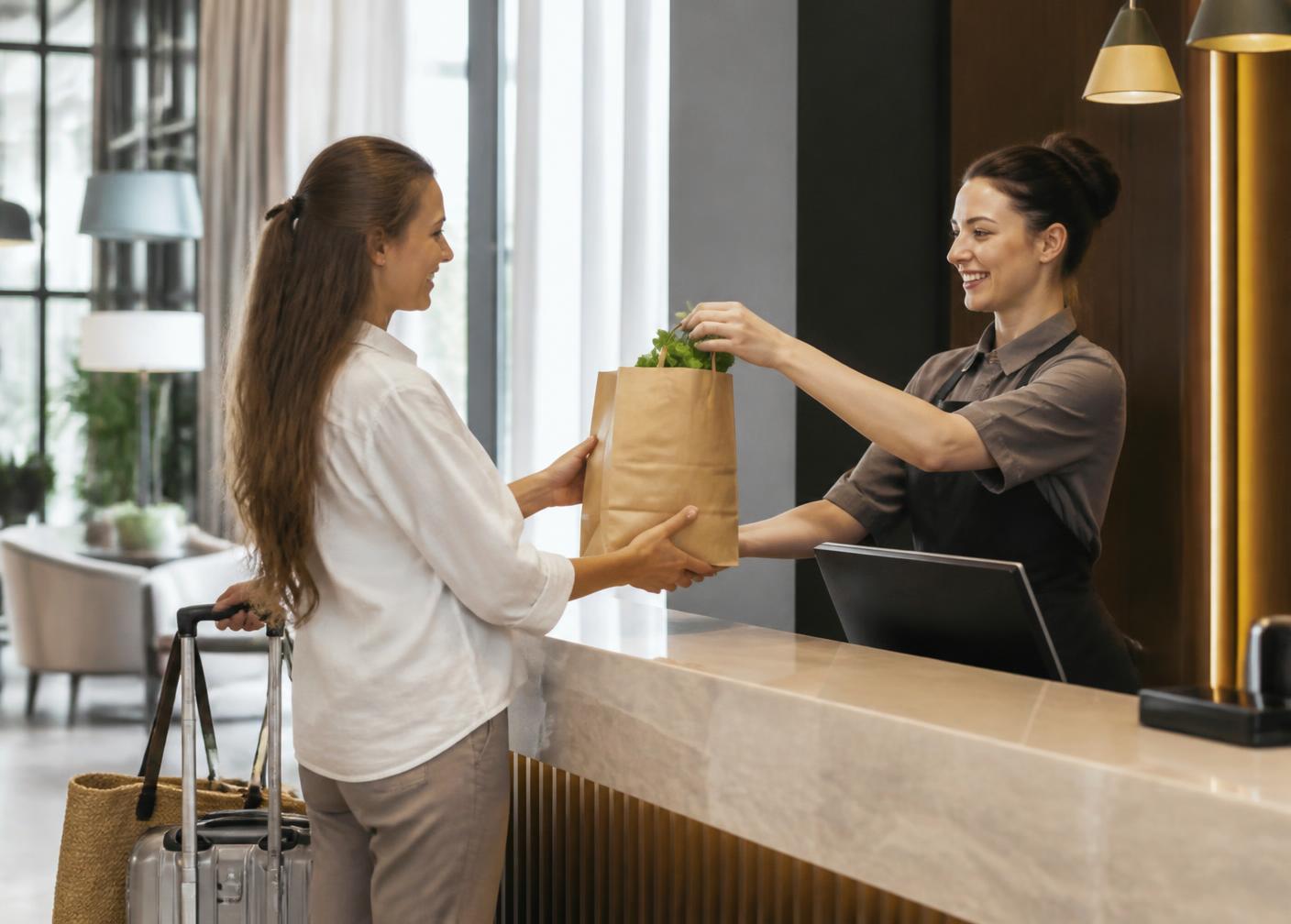 Réceptionniste remettant un sac de produits frais à une cliente